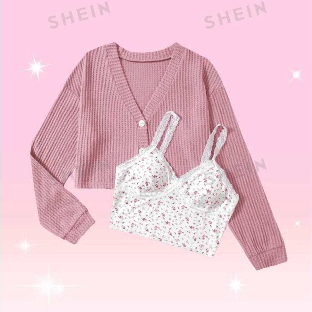Fairycore Solid Color Front Button Ribbed Knit Top&Spaghetti Strap Lace Camisole